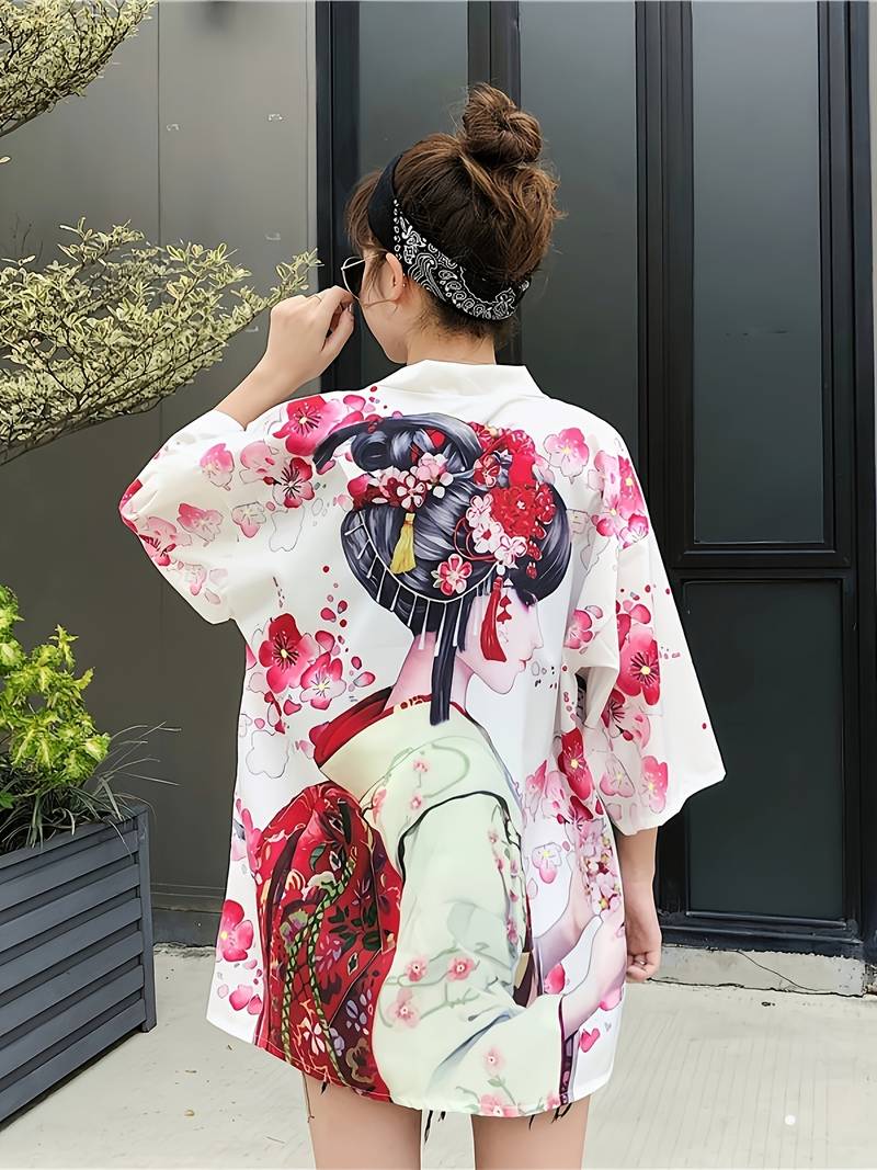 Men Floral Casual Open Front Loose Kmono Cardgan Yukata Coat Short