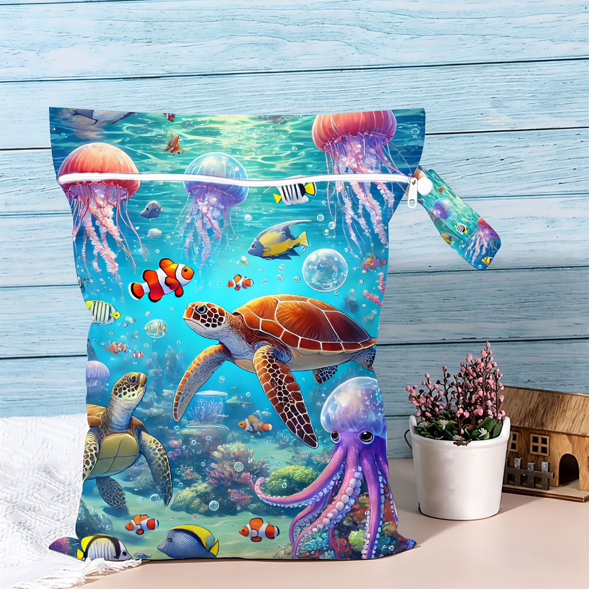 TEMU Cartoon Full Scene Sea Turtle Jellyfish Octopus Print Wet Dry Separation Bag, Swimming Gear Equipment Bag, Bright Fun Underwater Pool Beach