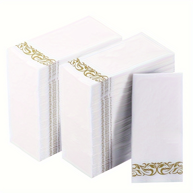 Image of 100pcs Elegant & Golden Luxury Disposable Linen-texture Napkins - Heavyweight 55gsm, 40x33cm (16x13in) - Soft Absorbent Table Napkins For Weddings, Parties