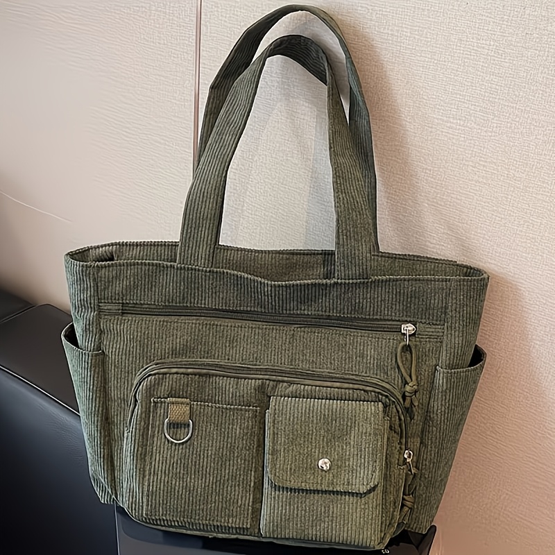 TEMU Elegant Corduroy Shoulder Bag - Large Capacity Lightweight Tote Bag With Zip Closure And Fixed Shoulder Strap, ///, Tote Bag, Suitable For