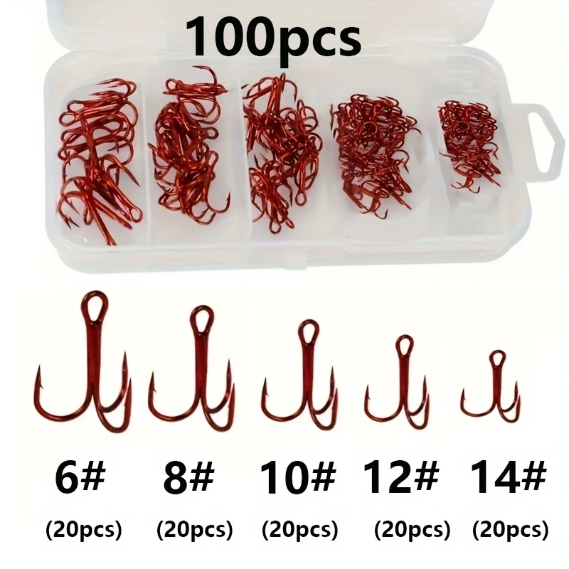 Image of 100pcs Red Treble Hook Set - Barbed Fishing Hooks In 5 Sizes, Durable And Sharp - Ideal For Freshwater And Saltwater Fishing - Perfect Gift For Fishing Enthusiasts