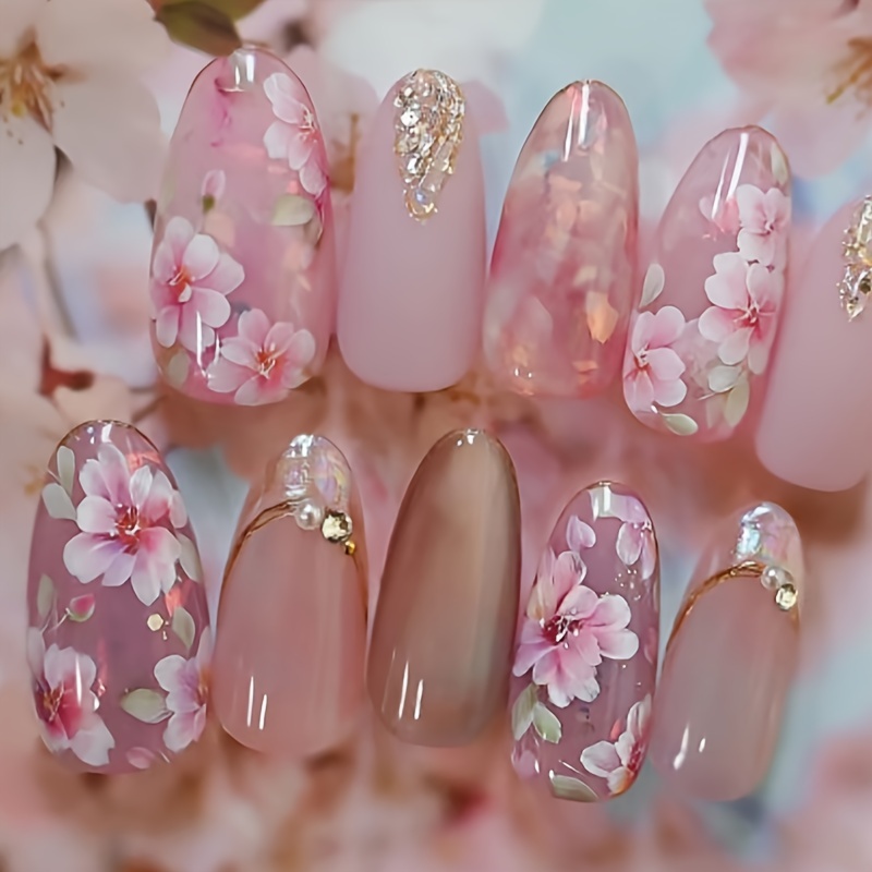 

Springtime Floral Cat Eye Nail Decals - 24 Pieces, Mixed Color Scheme, Almond Shape, Medium Length, Glossy Finish