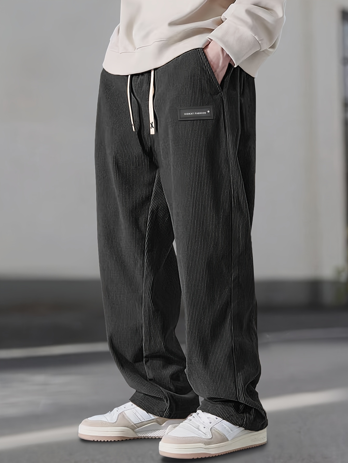 ens corduroy casual trousers solid color   waist design with pockets drawstring waist         casual regular version