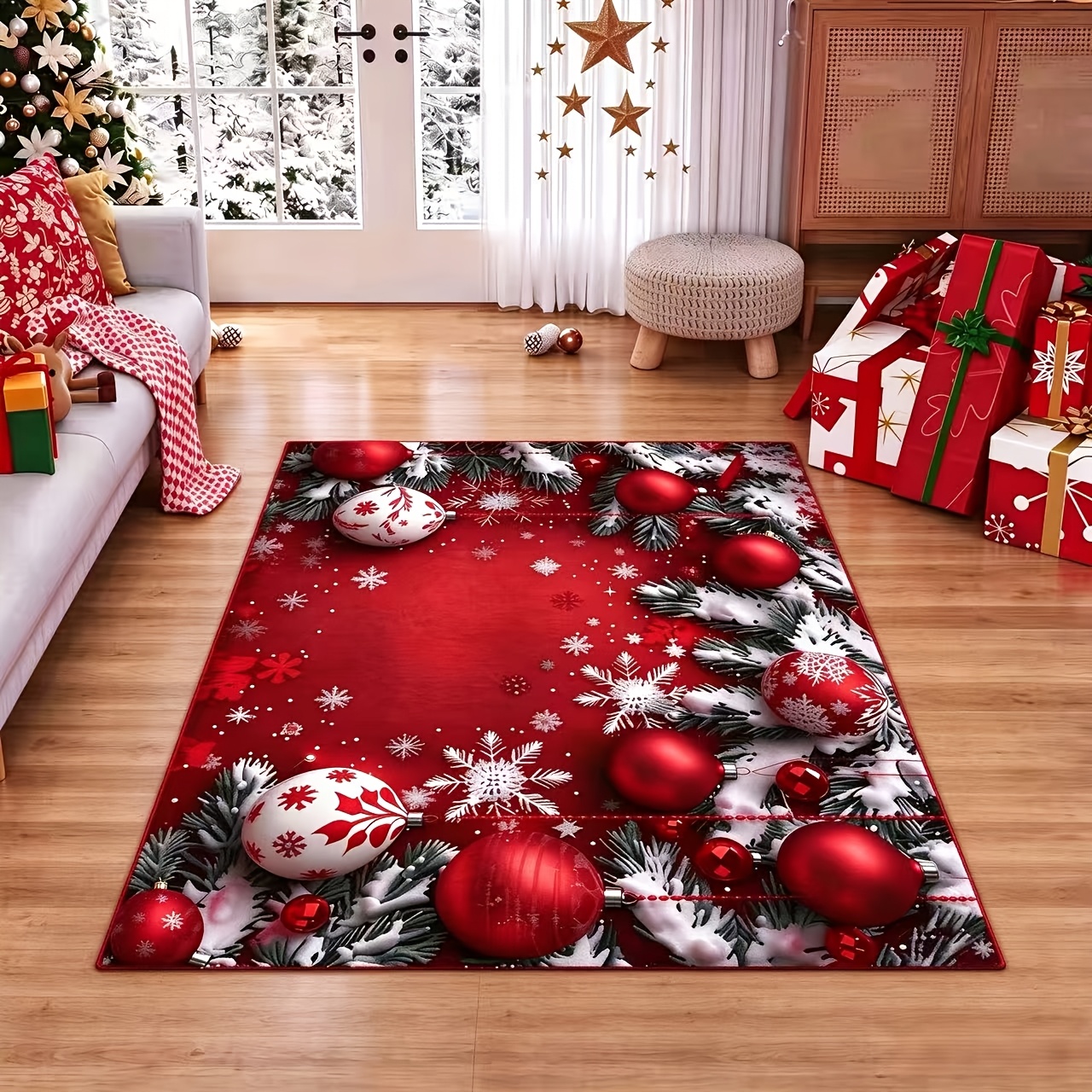TEMU Tapis de sol Noël de Neige et Motif Décoratif - Lavable en Machine, Design Rouge et Blanc avec Ornements Festifs et de Neige, Convient pour