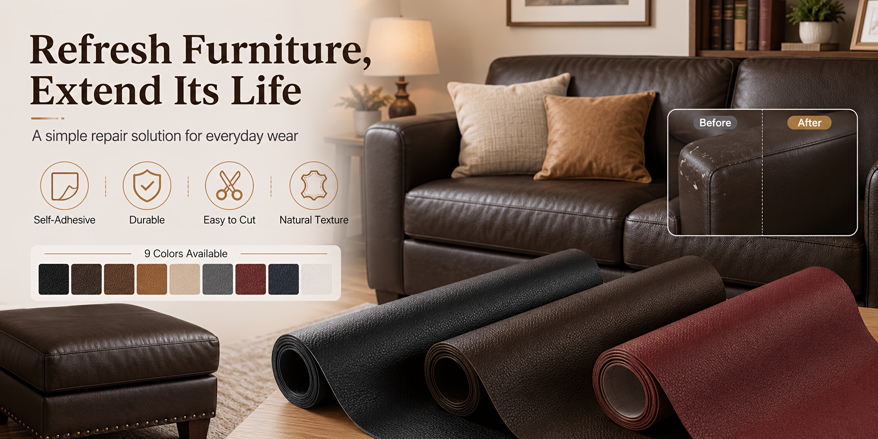 1 Roll Self-Adhesive Leather Repair Patches, Multicolor Leather Sofa Repair, Car Seat Damage Repair Stickers, Thickened Wear-Resistant And Freely Cuttable, Self-Adhesive Backing Suitable for Leather Sofas, Chairs, Headboards
