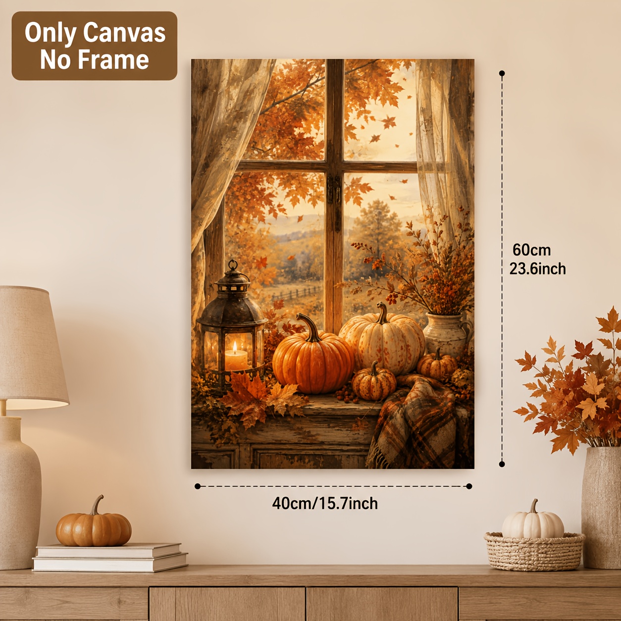 TEMU Plat 2D, 1 pièce 40×60cm/15.7×23.6in Affiche Peinture sur Toile Récolte d'Automne - Style Rustique - Décoration Murale d'Automne avec Citrouille