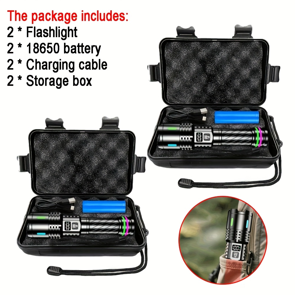 TEMU 2 Sets Of Rechargeable Led Tactical Flashlights, Handheld Flashlight With Digital Display, 3 Lighting , 2200mah Battery, Super Long-range