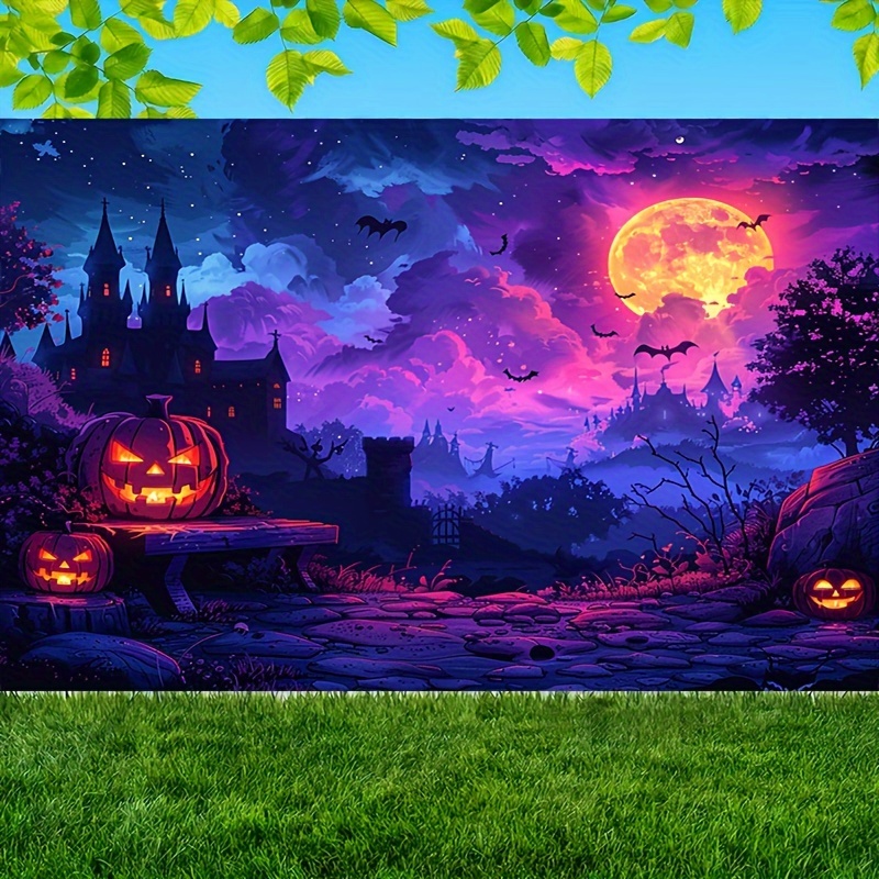 

& Glowing Pumpkin Lanterns Polyester Backdrop - Single-sided Print, Home Decor, Bedroom, Living Room, Outdoor Celebrations, Photo Booths & Live Streaming - No Power Needed