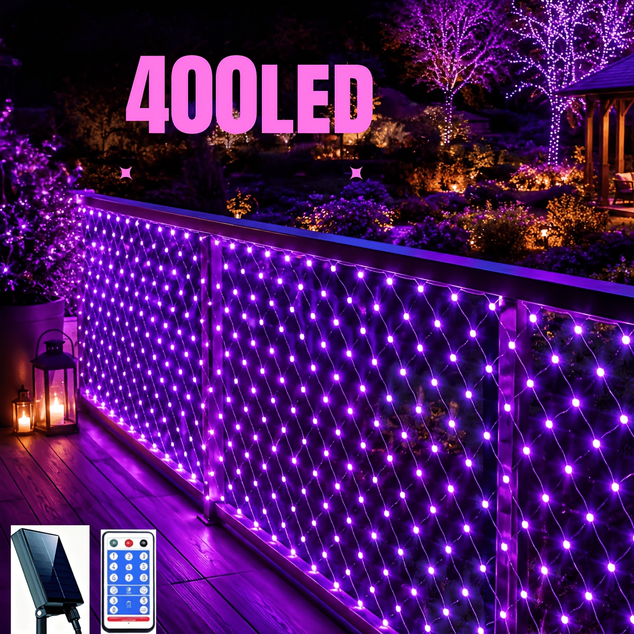 TEMU 400/200 Mesh Outdoor String Lights, Solar Powered Led Lights, Outdoor Decorative Lighting, 8-mode Fairy Lights, Ip65 Rating. Ideal For Yards,