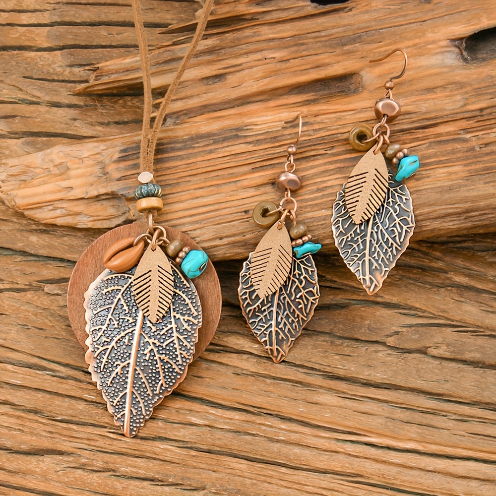 TEMU 3pcs Bohemian Leaf Pendant Necklace And Earrings Set, Vintage Tribal Style Iron Jewelry For Women, For And Vacation, Accessory
