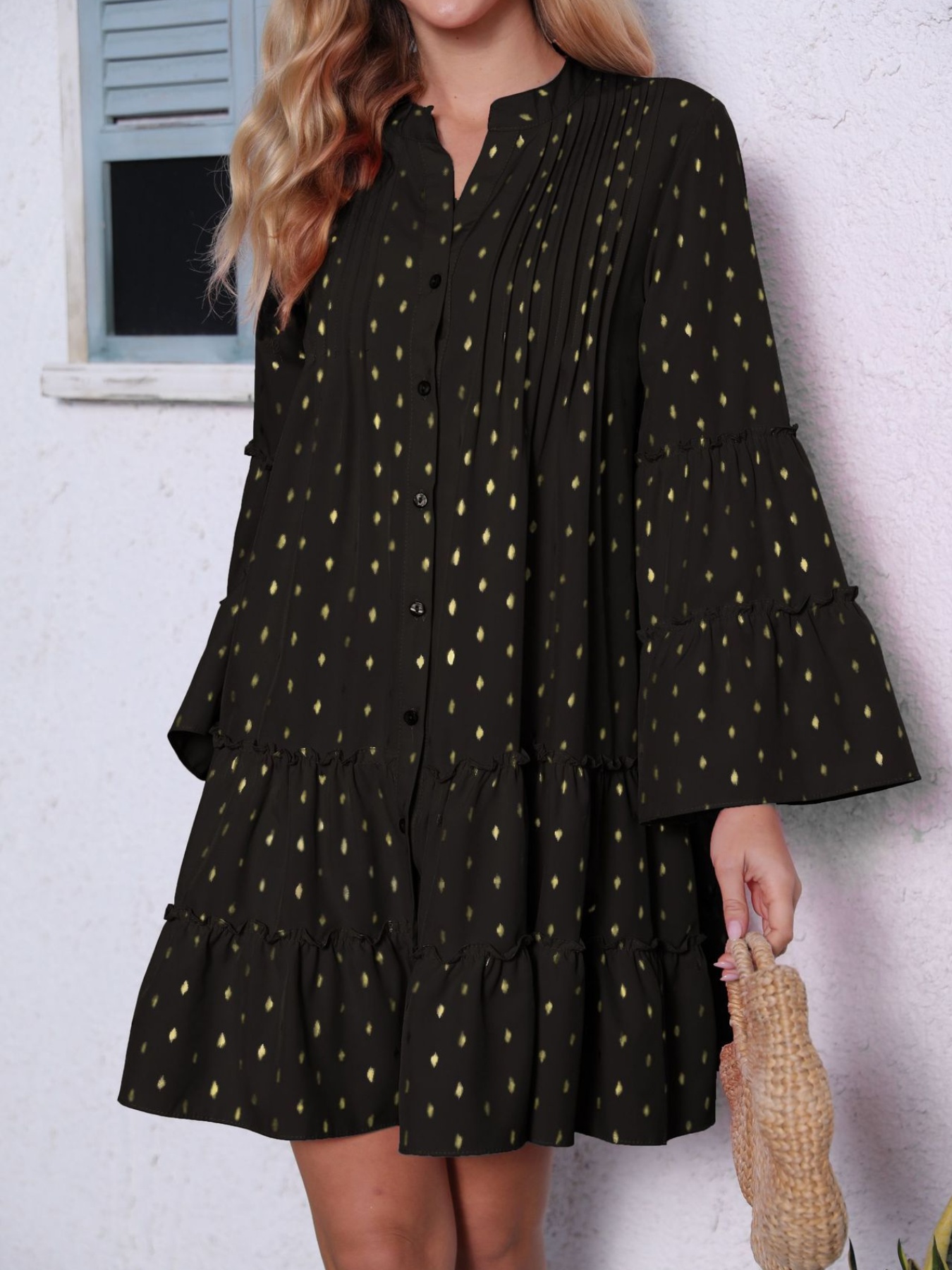 women tiered ruffle dress loose golden dot print long flare - Temu