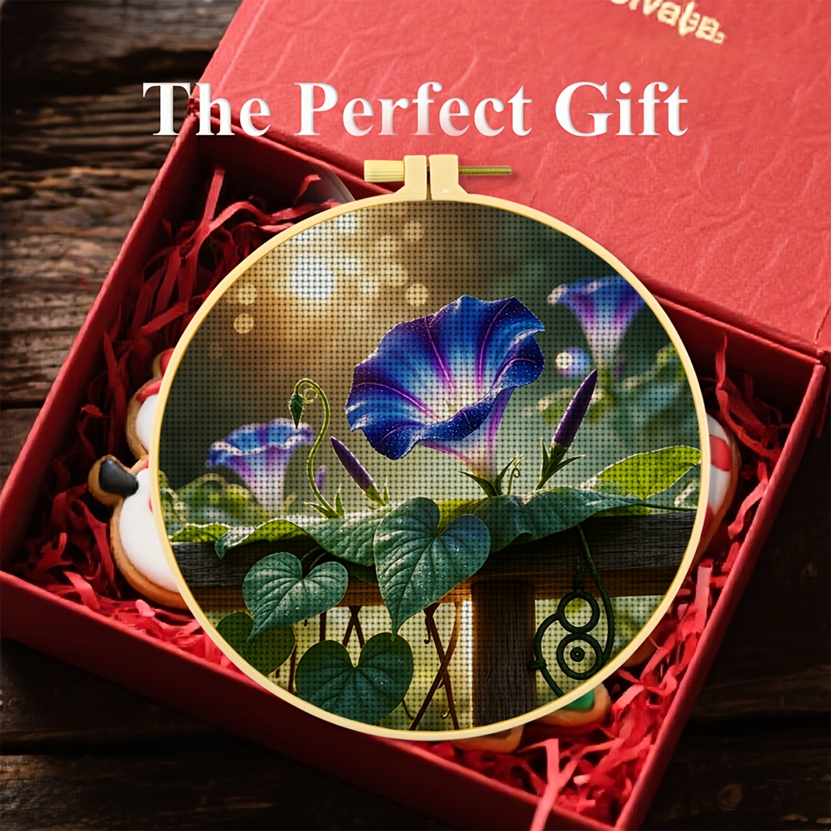 Round DIY Cross-Stitch Printed Kit with Hoop, Floral Design