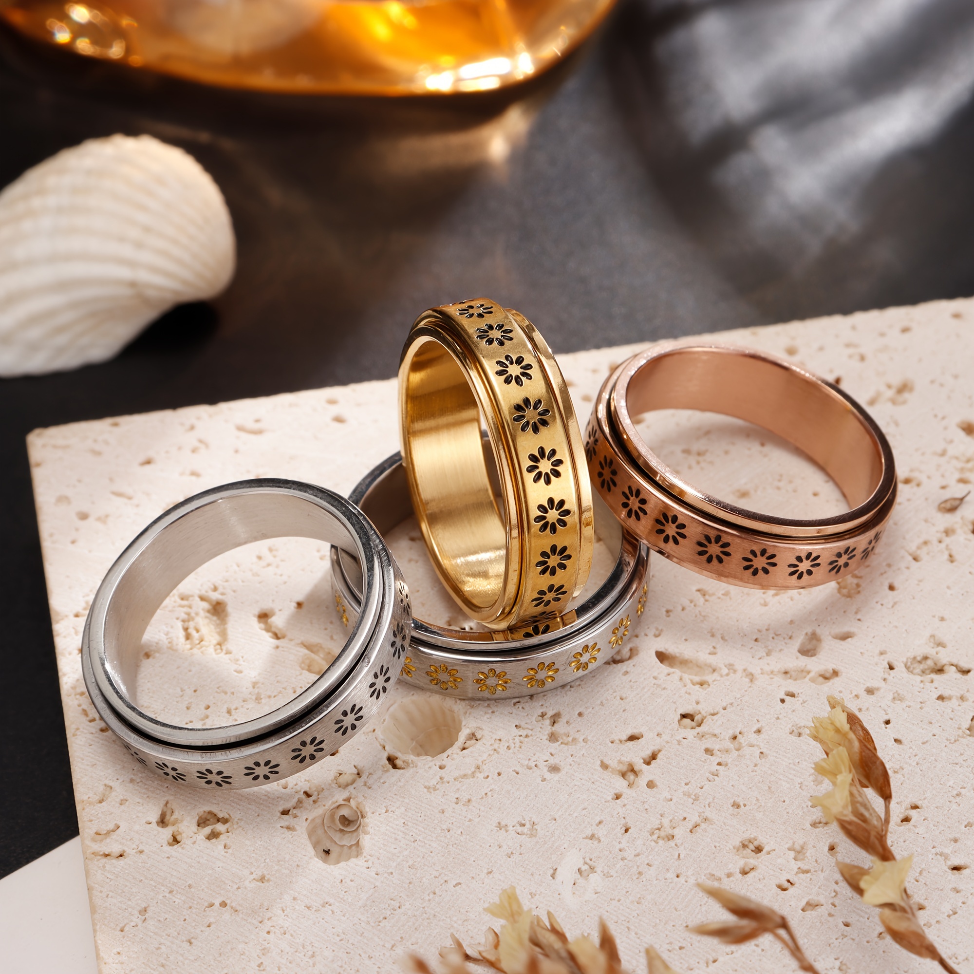 1 stylish womens ring elegant floral spinner ring stainless steel rotating jewelry for daily wear parties vacations birthdays meditation yoga anniversaries more Product details 1