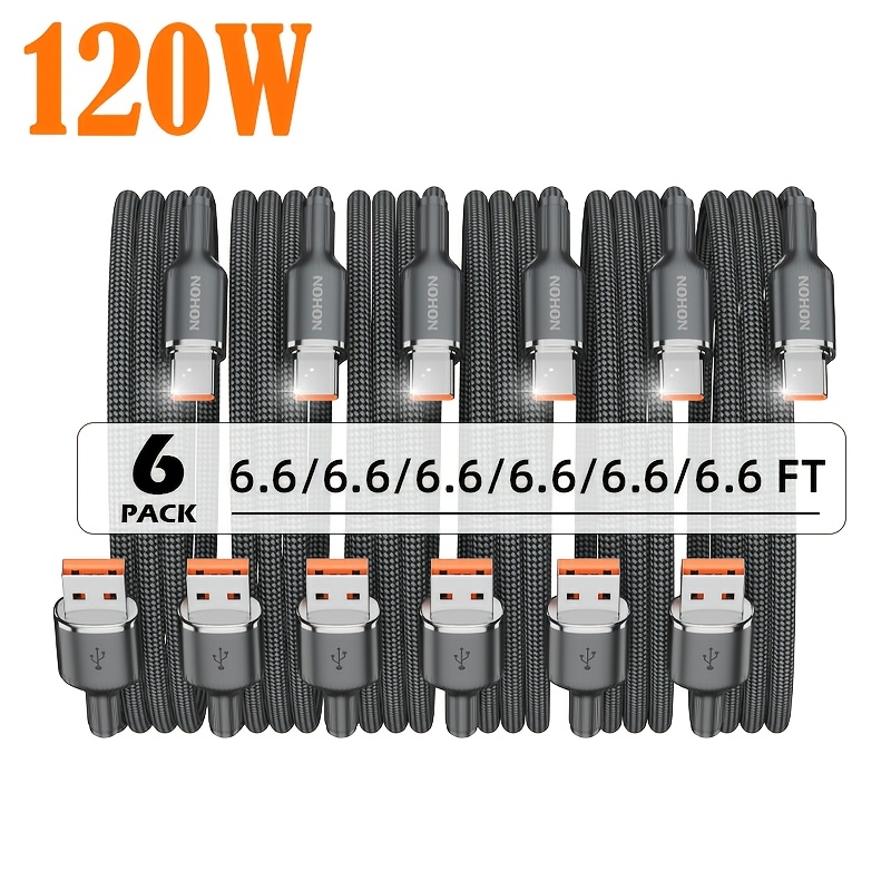 TEMU 6-pack 120w Usb To Type-c Fast Charging Cables | Lengths: 3.3ft/6.6ft | Supports Multi-device Charging And Data Transfer | Durable And