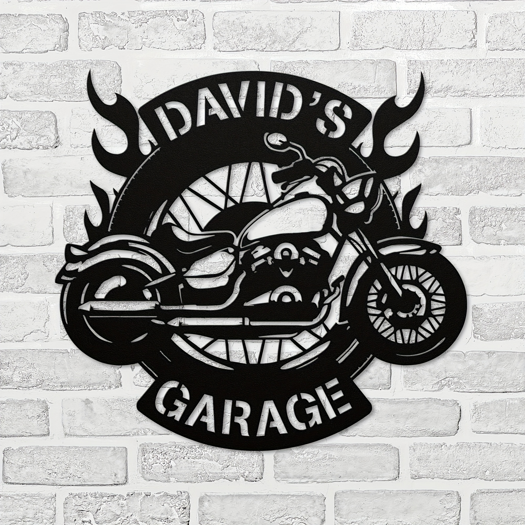 TEMU Plaque Murale Métallique Vintage Personnalisable - Design David's Garage avec Flammes et Silhouette de Moto, Décoration Durable en Métal Noir