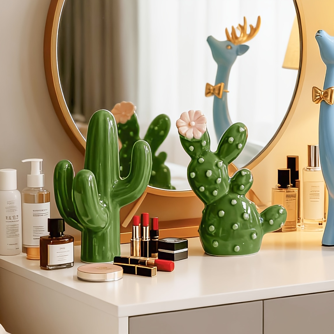 holiday themed small house decoration ceramic cactus jewelry holder a cactus plant decor with leaf design multifunctional desktop storage box suitable for rings and earrings cute home decor jewelry storage  