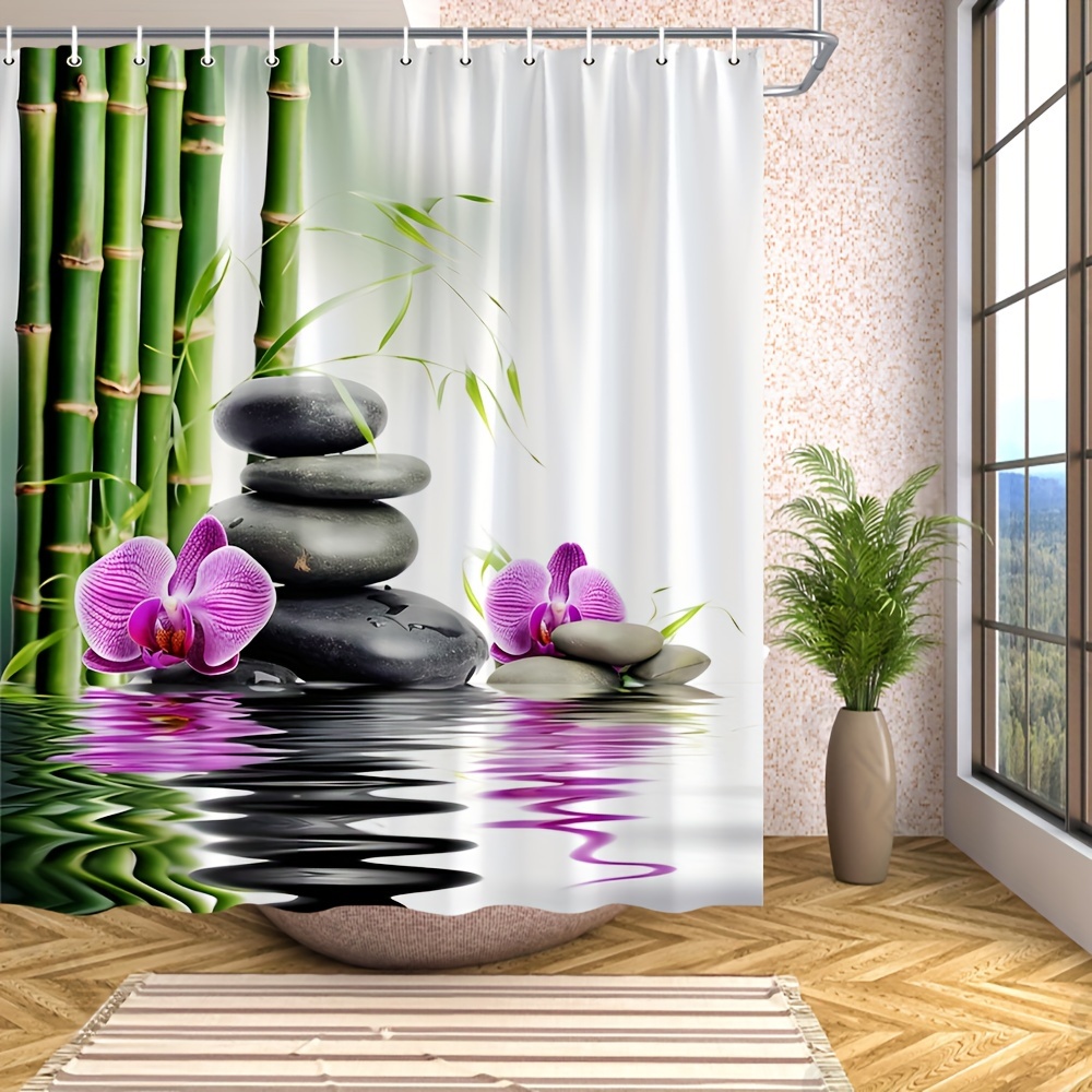 E-shop Duschkurtine mit Zen--Design und violetter Orchidee - Entspannende Badezimmerdekoration mit Kunststoffhaken, Polyesterstoff, 180x18 Zoll,