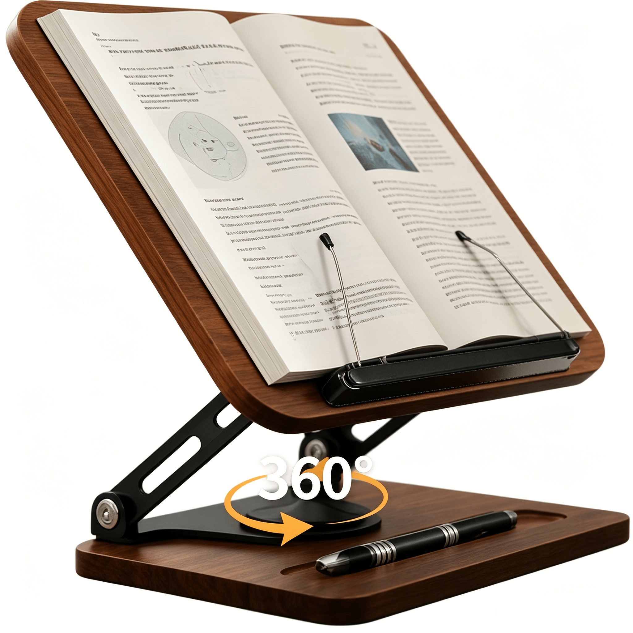 book stand for reading 360 degree rotating hands free book holder adjustable height and angle page clip for cookbook recipe magazine laptop tablet foldable for kitchen  