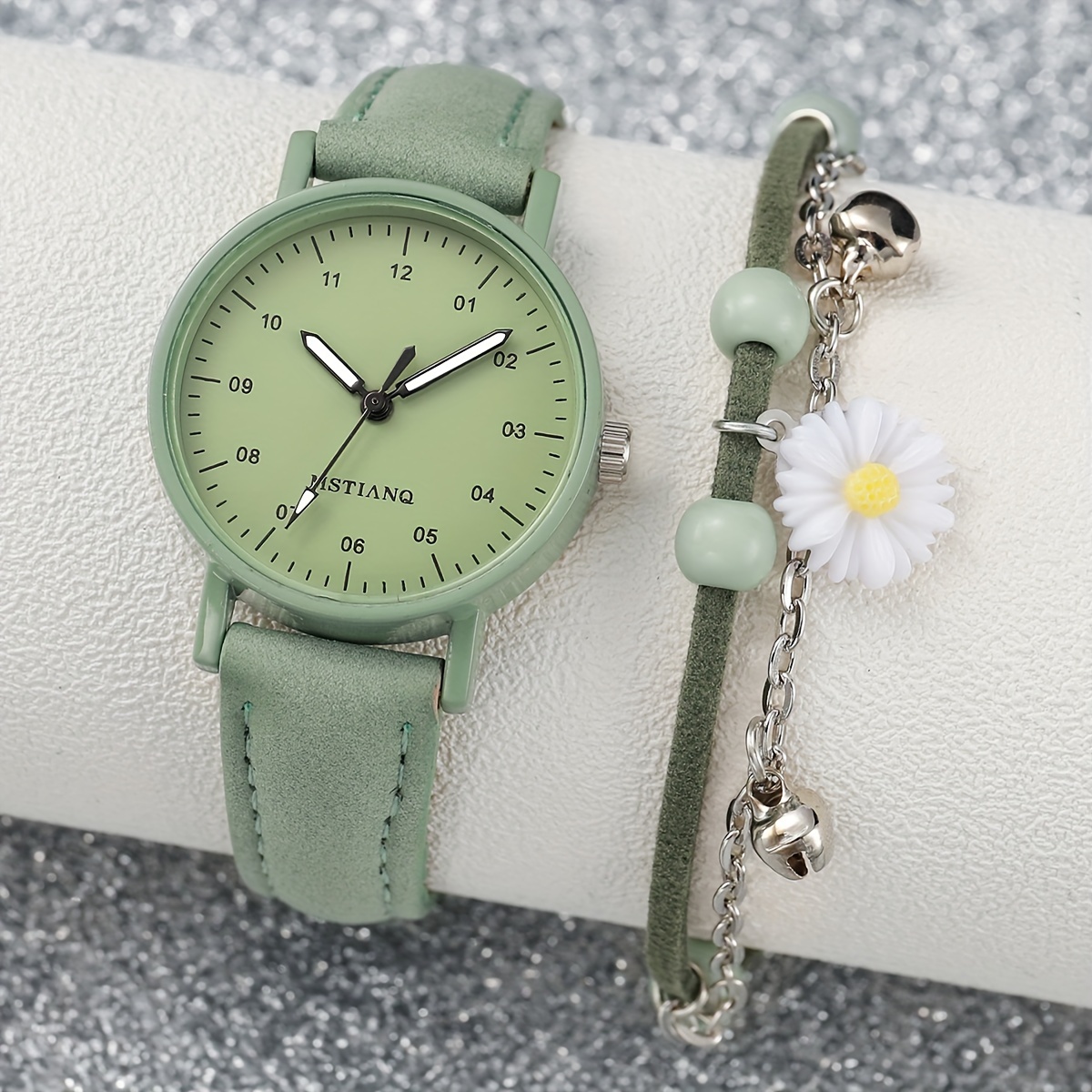 2pcs set womens cute fashion quartz watch analog pu leather wrist watch daisy flower bracelet gift for daily use her details 1
