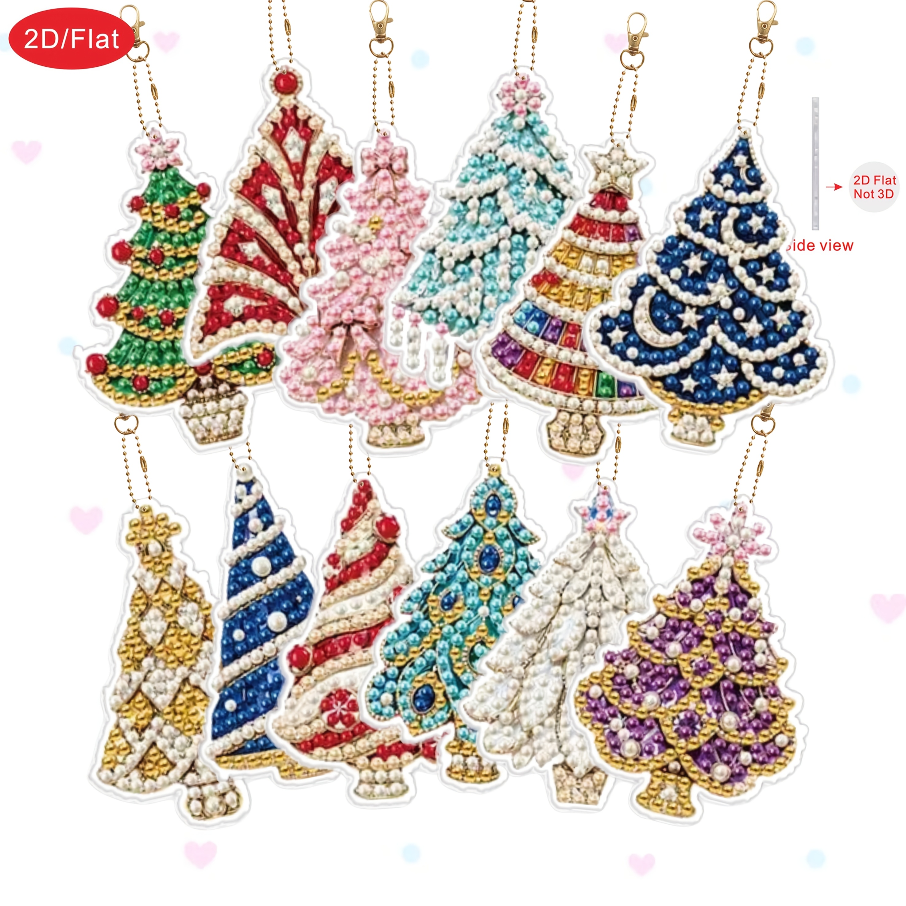 TEMU 2d/flat 12pcs Colorful Christmas Tree Diy Diamond Painting Art Keychain, Creative Hanging Decoration, Suitable For Adult 5d Double-sided