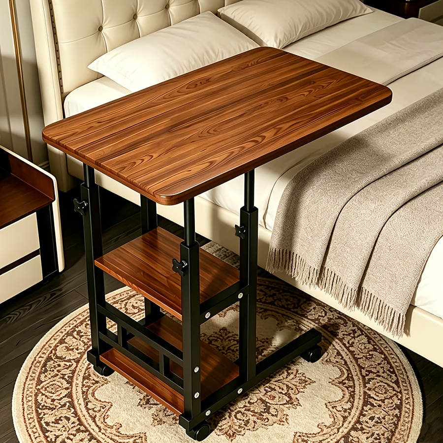 TEMU Adjustable Height Side Table, Bedside Table, Removable Desk With 4 Universal Wheels, Double-layer Storage Shelf, Wooden With Storage Shelves, No