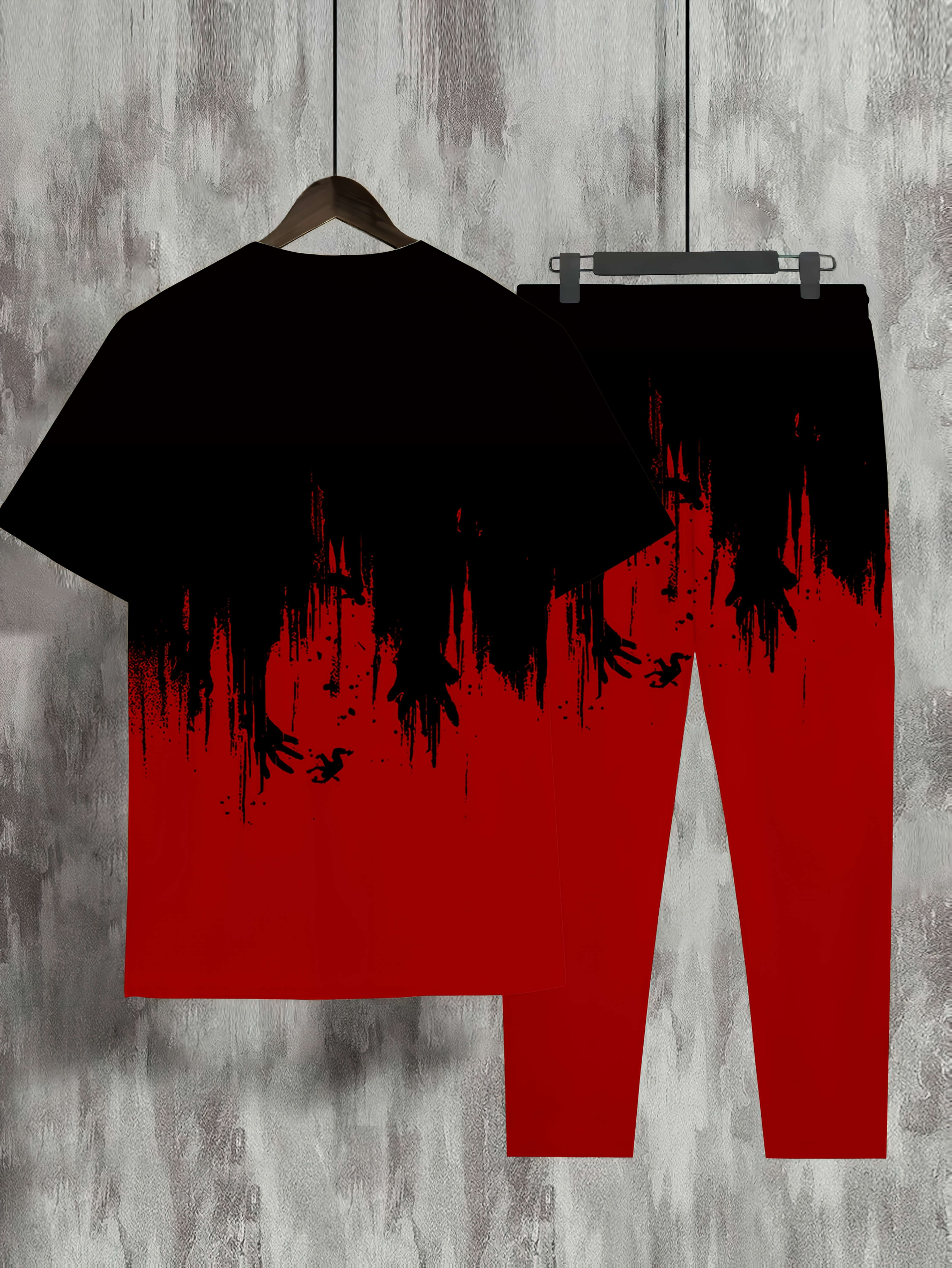 Men'S Casual 3D Digital Print Long Pants and Short Sleeve Set, Crew Neck, Regular Fit, Knit Fabric, Polyester 90%, Spandex 10%, 105g/m², for Spring/Summer/Fall - Weekend Casual Lash Sets