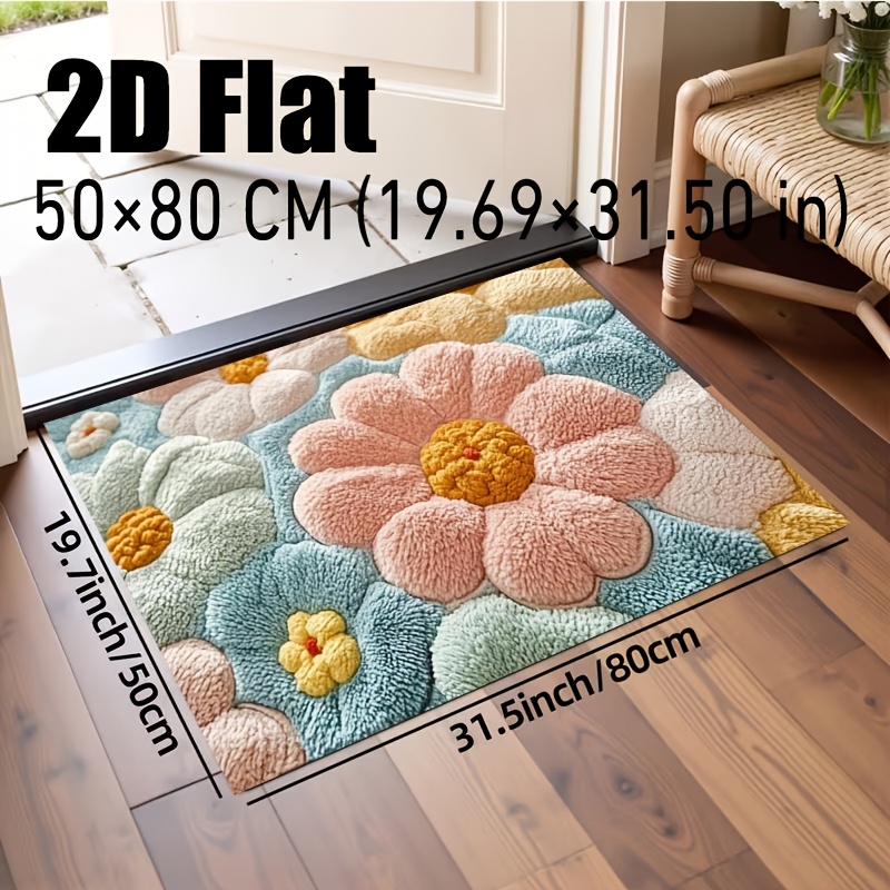 TEMU 1pc Tapis de Porte en Peluche Plat 2D à Motif de Fleurs Imprimé - Tapis de Cuisine en Flanelle Douce, Antidérapant et Lavable en Machine, Design