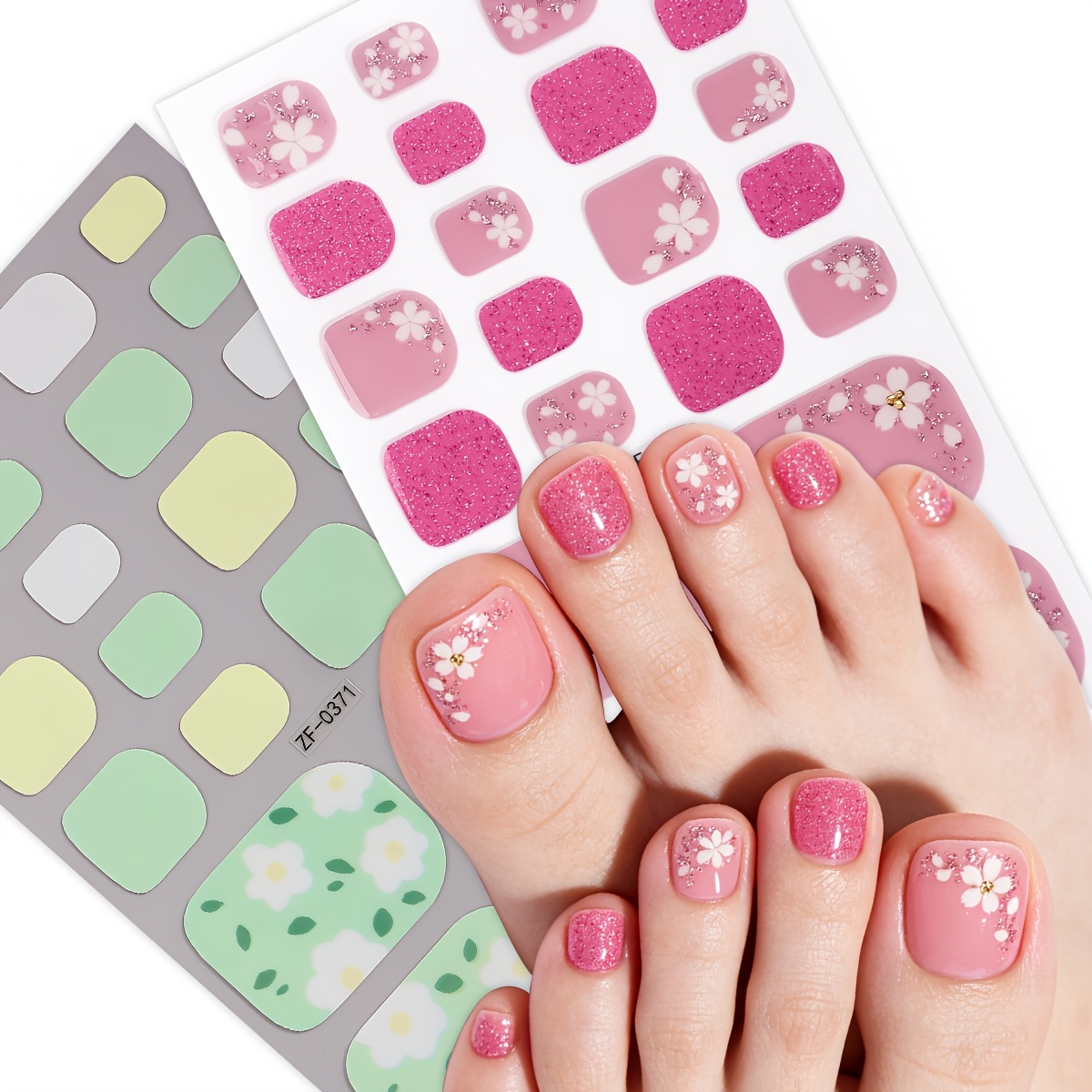 TEMU 2pcs Glitter Flower Toe Nail Wraps, Spring Toe Nail Stickers, Easy To Apply, Perfect For Diy At Home