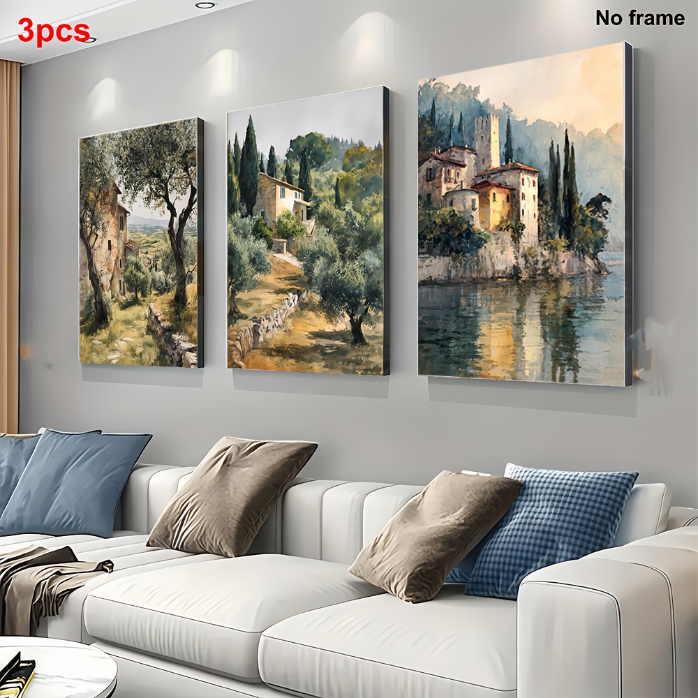TEMU 2d Flat, 2d Flat 3pcs Set Of High-end Decorative Art, Frameless, Tuscan Art Set Of Three, Scenery Decor, , Italian Farmhouse, 2d Flat,