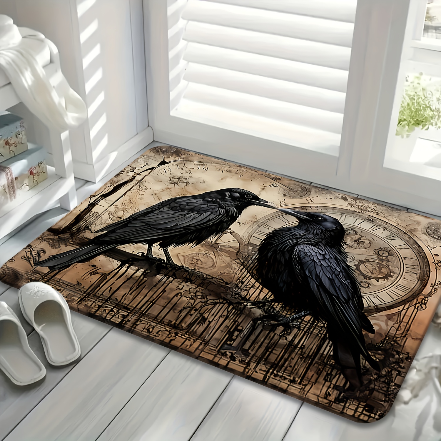 TEMU 1pc Handmade Print Rug Suitable For Indoor/outdoor Entrance, Non-slip Flannel Welcome Mat With Crow, Machine Washable Suitable, Hallway,