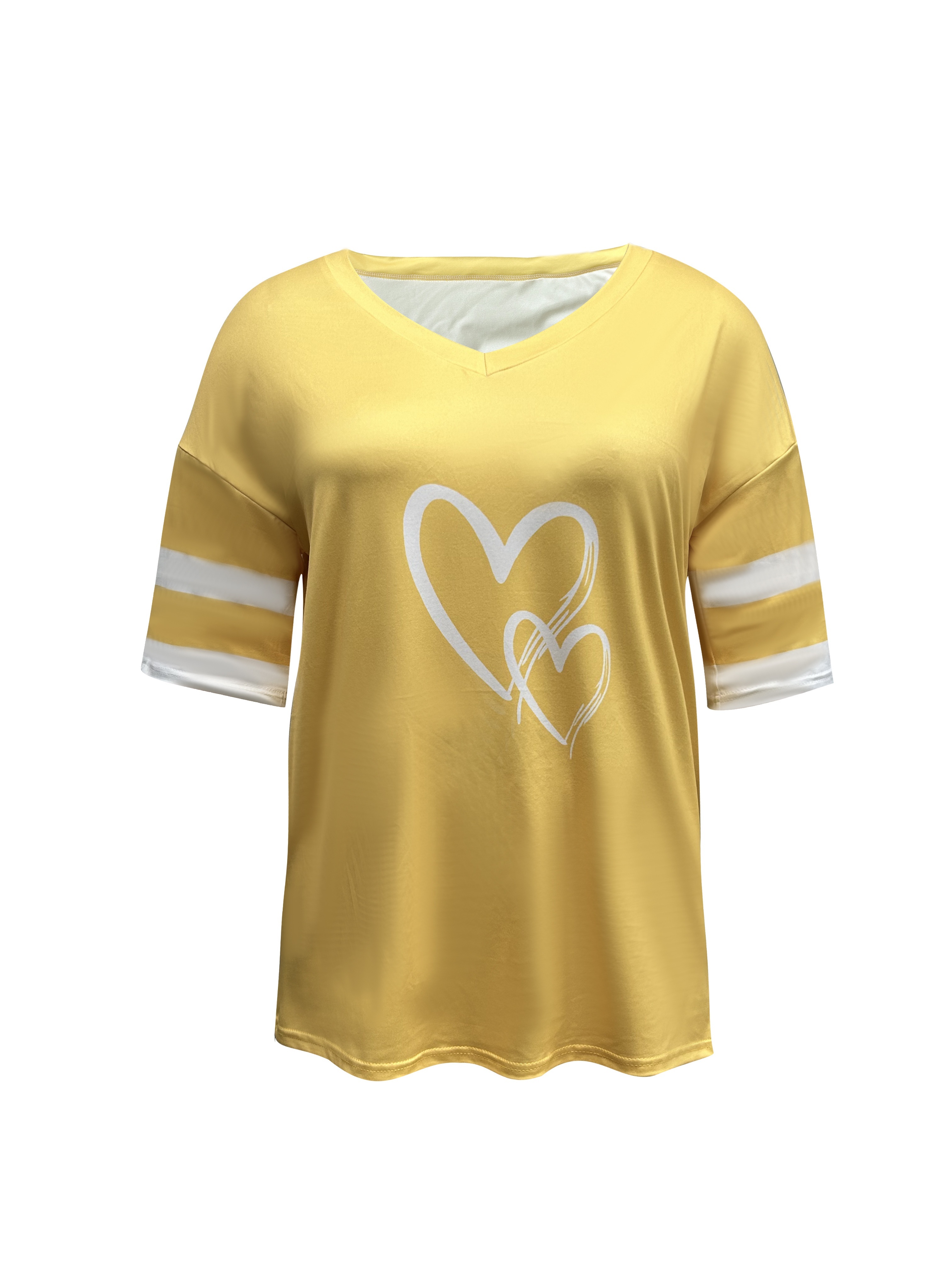 Women's Casual V-Neck Short Sleeve T-Shirt - Royal Blue with White Heart Print, Breathable Fabric, Machine Washable for Spring Summer Fall, Seasonal Fashion, Striped Detailing, Relaxed Fit Shirt