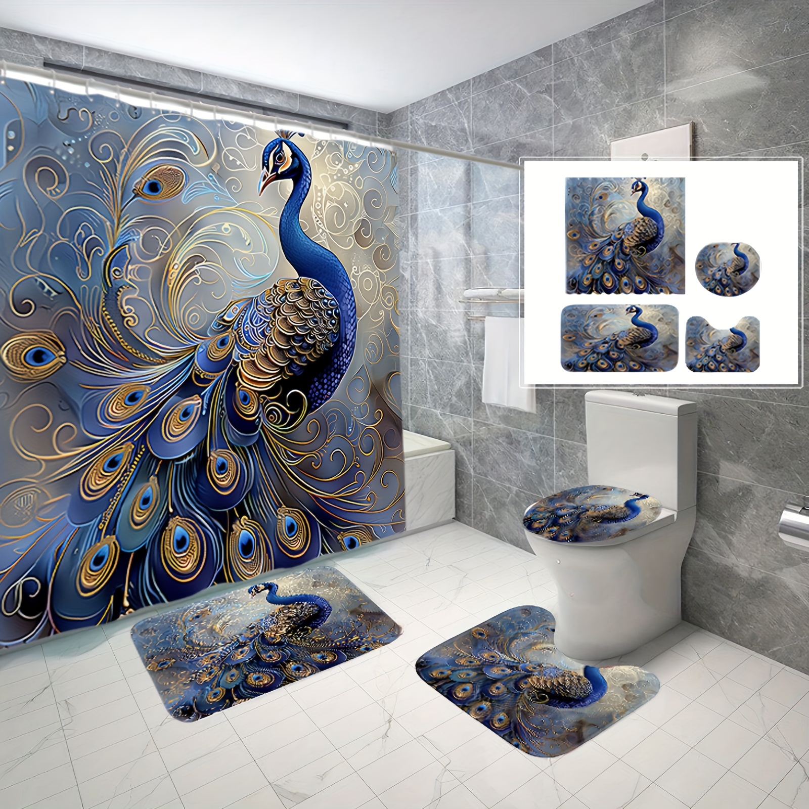 

4pcs Luxury Peacock Print Waterproof Polyester Fabric Shower Curtain Set, With Non-slip Bathroom Rugs, Toilet Lid Cover And U-shaped Mat, Includes 12 Hooks