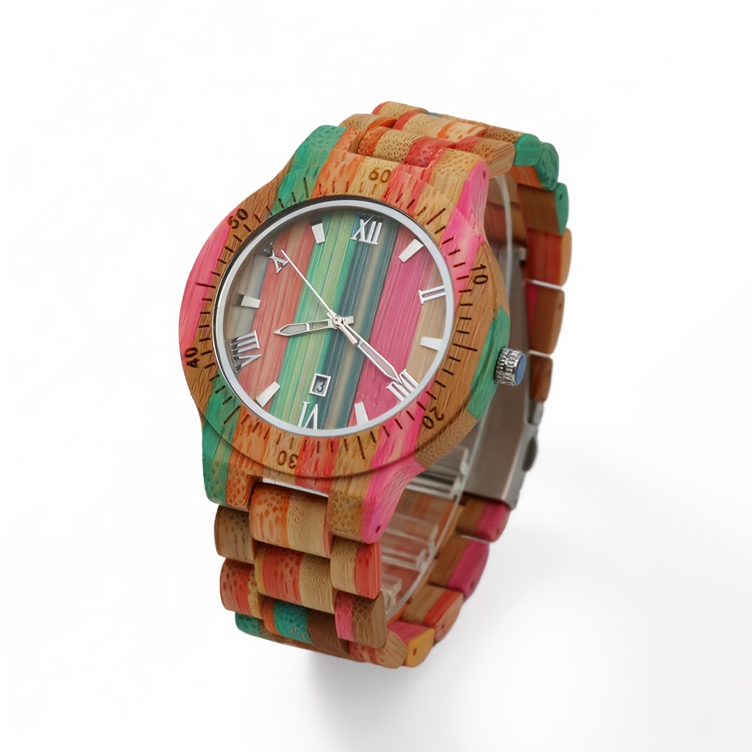 Rainch Men's Bamboo Wood Quartz - Multifunction Chronograph, Date/day/week/month/24h Indicator, Green/beige/copper , Strap - Material Wristwatch For Outdoor & Casual Wear (-)