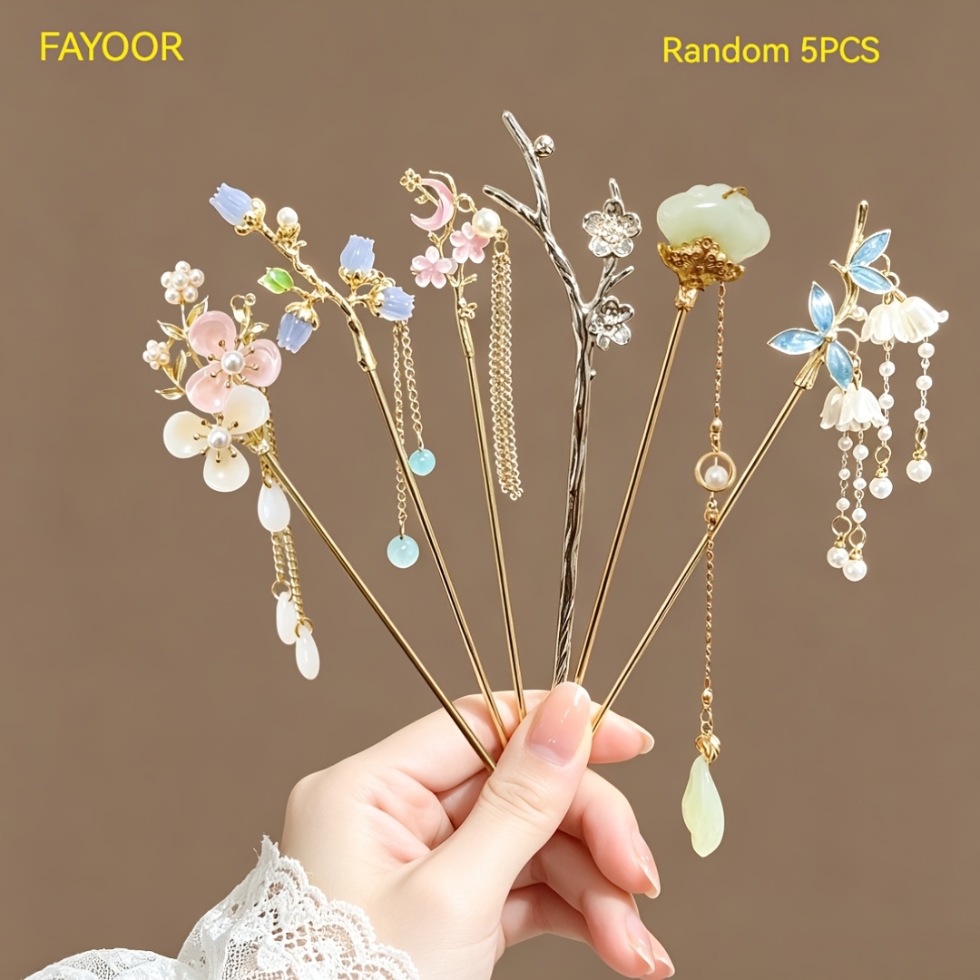 TEMU 5pcs Random Style Women's Vintage Hairpins, Tassel Hairpins, High-end Hair Styling Pins, Headwear Suitable For Daily, Festival, And Other