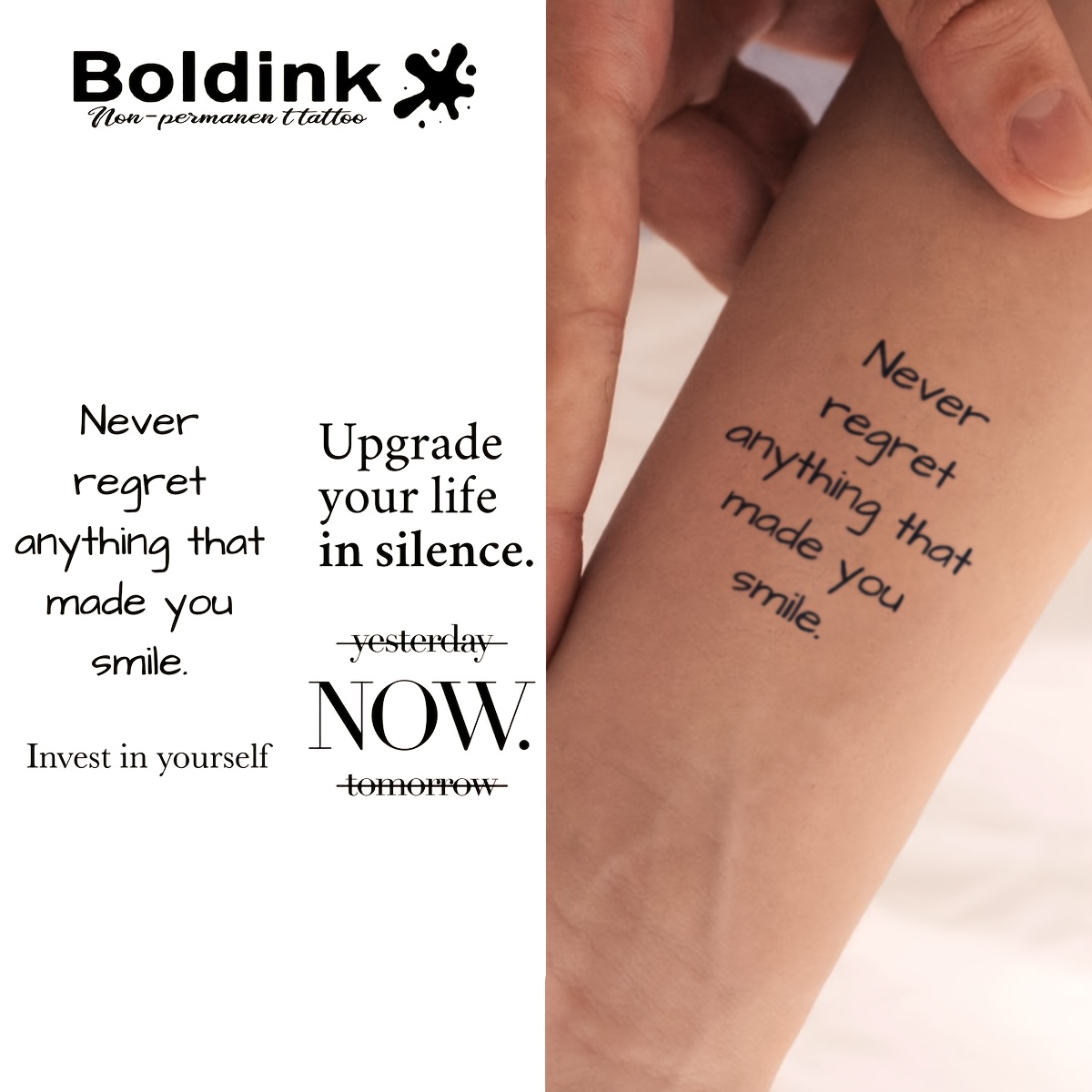 BOOLDINK Tijdelijke Tattoostickers met Inspirerende Quotes - 72-Uur  Hoogwaardige, Hypoallergene \u0026 Pijnloze Body Art, Eenvoudig te Plakken  Realistische Lichaamssieraden voor Feesten, Festivals en ..., image size:1200x1200