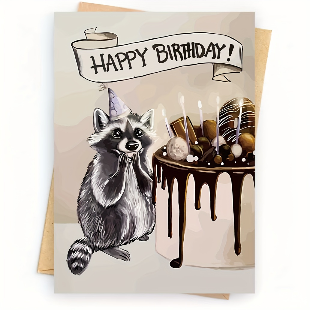 

Raccoon Birthday Greeting Card, Cartoon Animal Theme, Personalized Paper Note Card With Envelope, Cute For Anyone