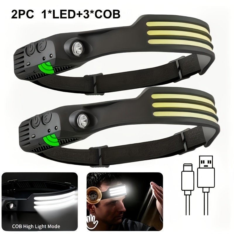 TEMU Linterna frontal COB con tres tiras de luz, recargable, multifuncional y ultrabrillante, adecuada para trabajo, senderismo, correr, acampar y