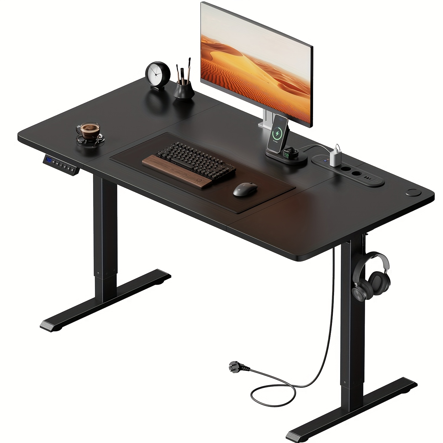   elektrischer schreibtisch mit verstellbarer höhe, usb-ladeanschluss und steckdose, verstellbarer computertisch mit 3-funktionen-speicher