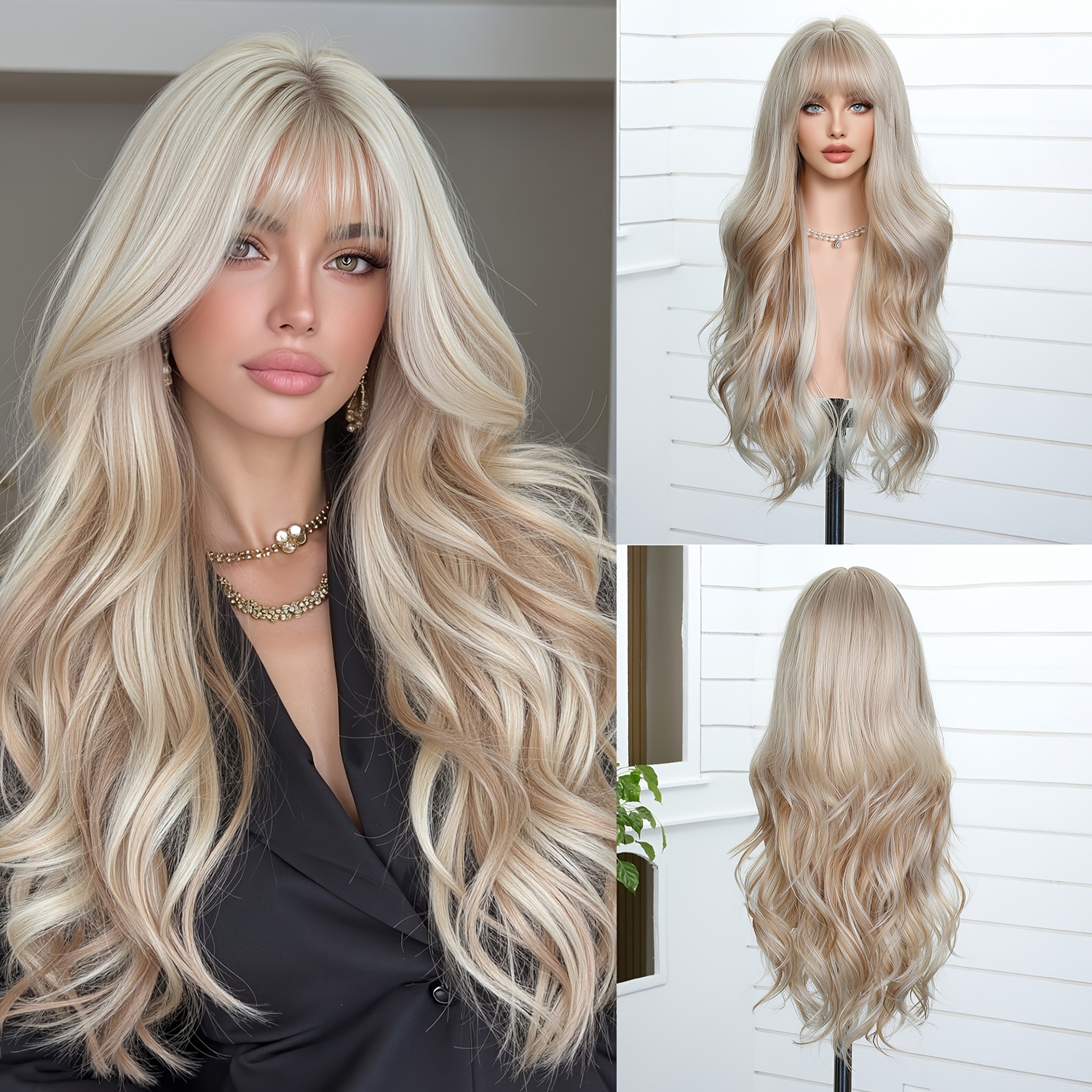Image of A 28-inch Long Curly Wig In White And Golden With Highlighted Bangs, Heat-resistant And Versatile For Daily Use, Suitable For Everyone, Making It A Great Gift , Perfect For Parties, New Year , And