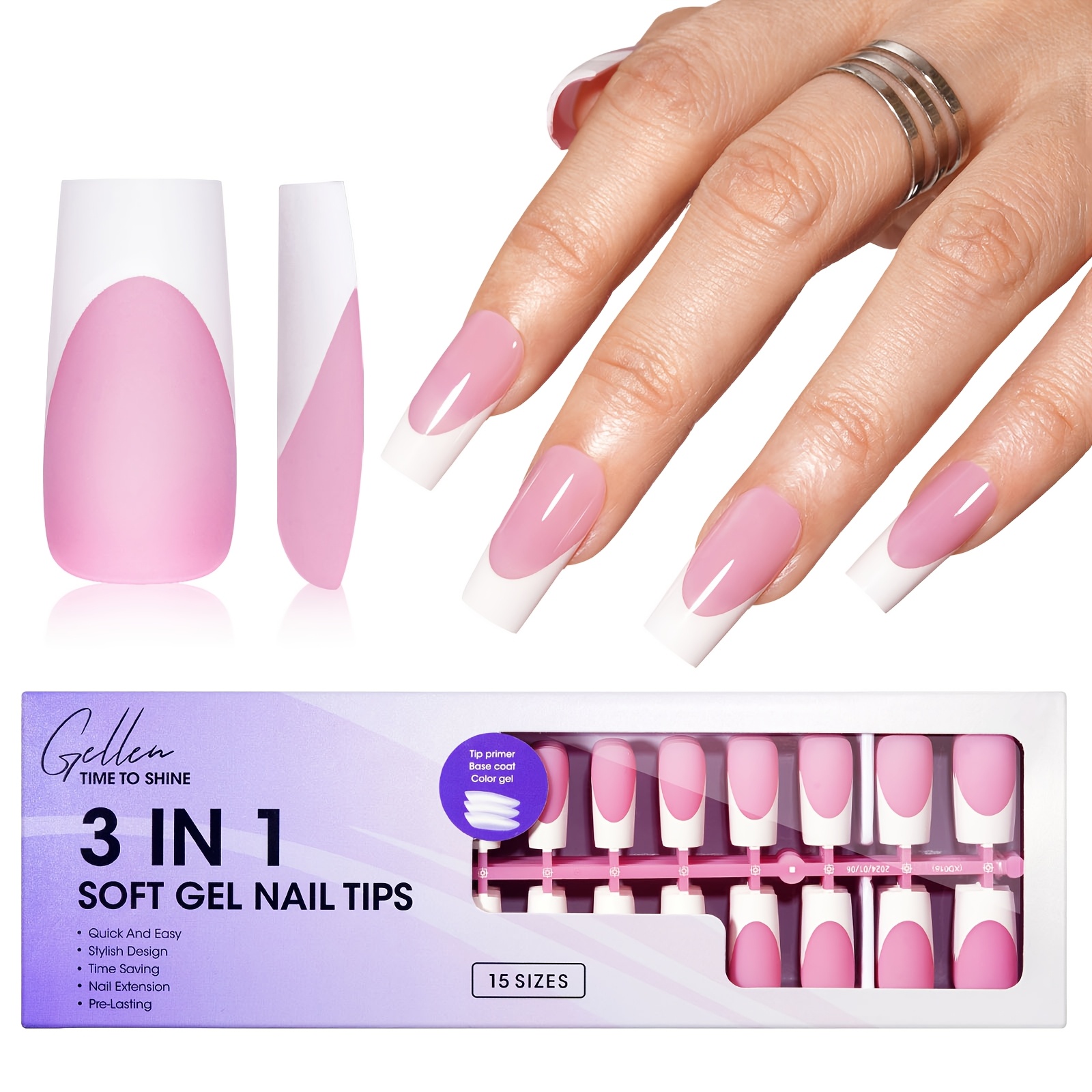 

Gellen French Tip Press-on Nails - 150pcs, 15 Sizes, Long Square Pink Pre- Fake Nails, , Nail Art Kit