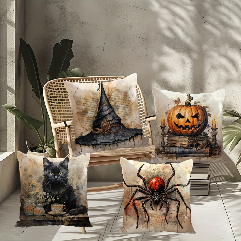 

Vintage Halloween Throw Pillow Covers 4-pack, Short Plush Decorative Cushion Covers 18" X 18", Zipper Closure, Hand Wash Only, Spider Hat Pumpkin Black Cat Pattern For Living Room And Bedroom Decor