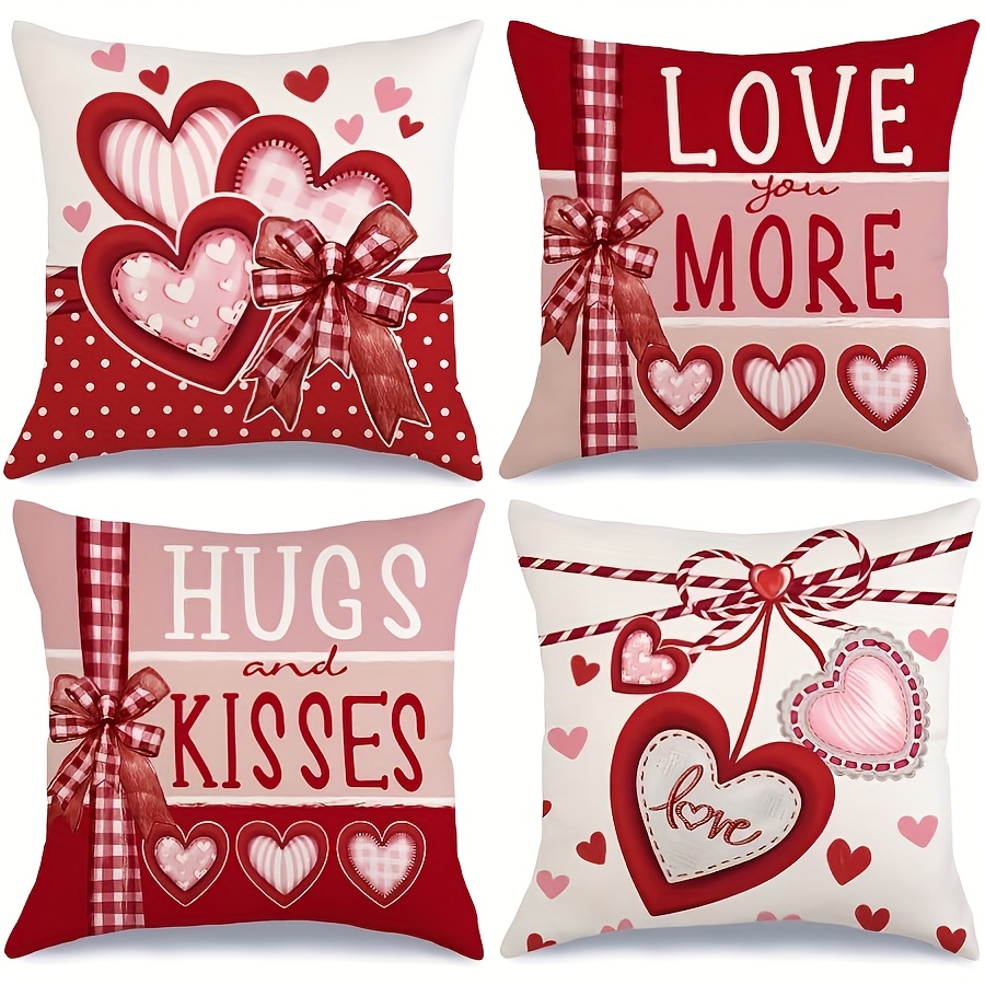 

4pcs Valentine's Day Throw Pillow Covers, Red Heart & , " " Decorative Cushion Cases, Style, Machine Washable, Zipper Closure For Farmhouse Wedding Home Decor, Valentines Decorations