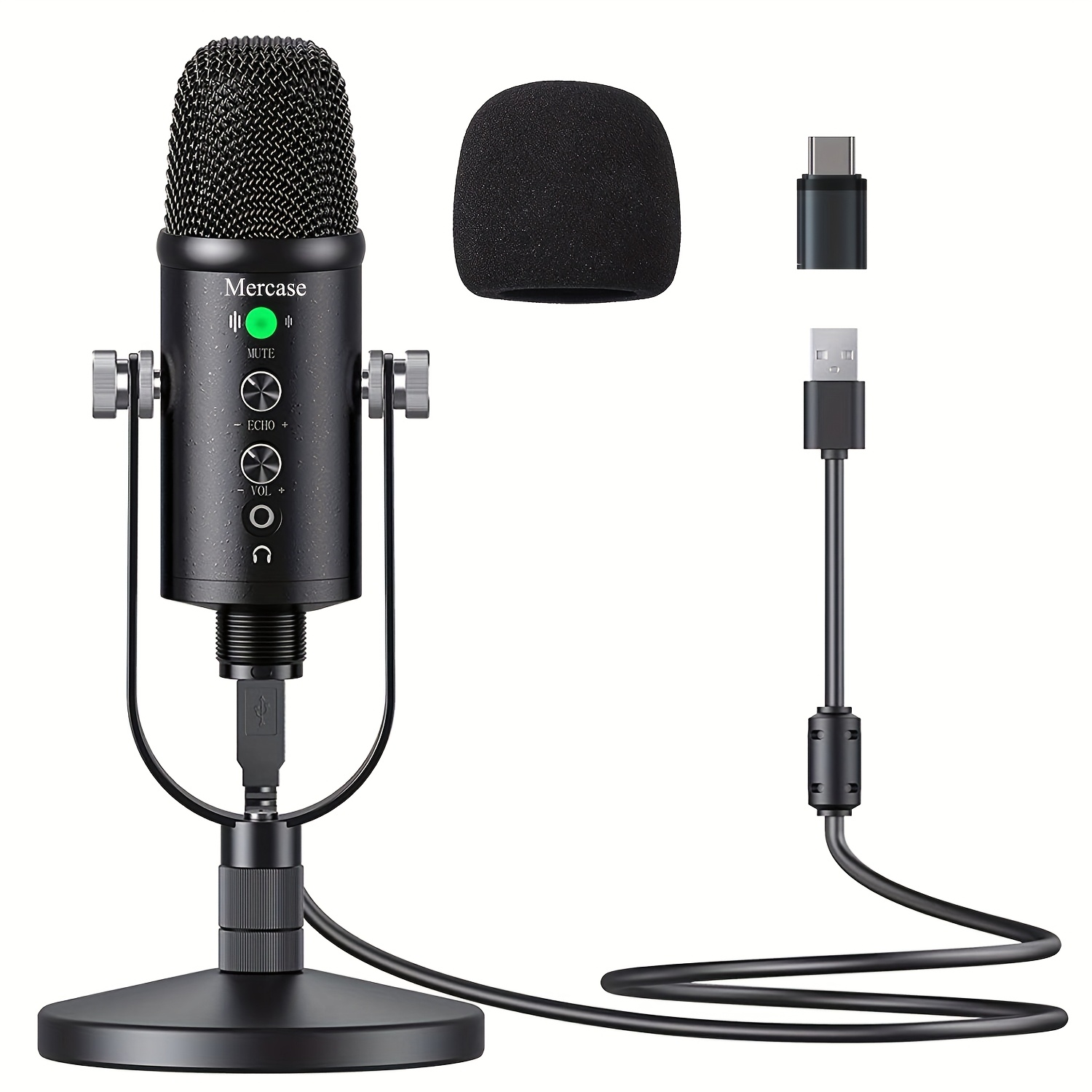 Mercase Professional Gaming Microphone, Podcast Equipment, Recording Microphone - Plug And Play, Headphone Output And Volume Control, Microphone Gain Control, Mute Button - For PC, Mac, Gaming PS 4&5, Aluminum Alloy, USB Type-A Connector