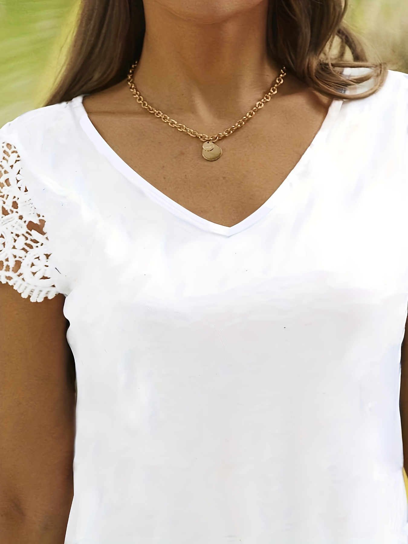 Women'S V-Neck Slim Fit Top with Contrast Lace Sleeves, Casual Solid Color Knit Polyester Blouse, All Season Stretchy Regular Length Shirt