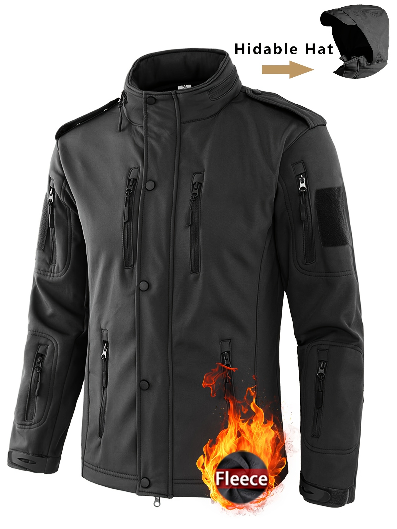 Men's Tactical Fleece Jacket, Windproof Soft Shell Outdoor Hoodie