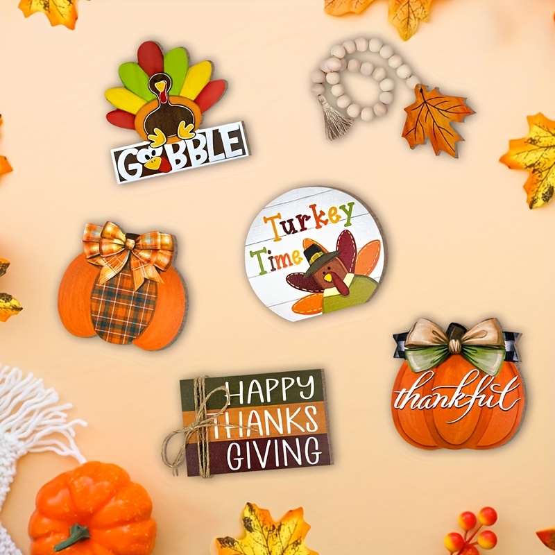 TEMU 7pcs Thanksgiving Layered Tray Decoration, Autumn Farmhouse Turkey Tray Decoration, Checkered Bow Pumpkin Maple Leaf Wooden Logo Bead Wreath,