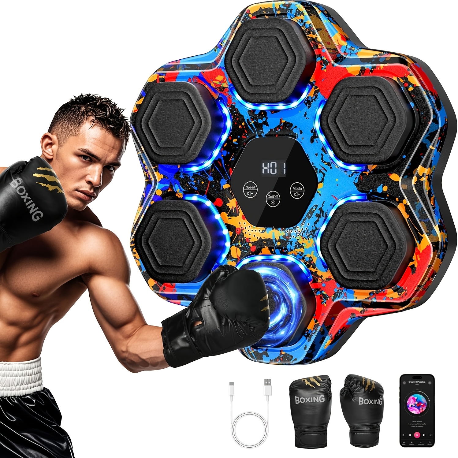 TEMU A Music Boxing Machine With 12 Speed Levels - Wall Mounted, Adjustable Height, Intelligent Counting Boxing Trainer, With Led Lights, Wireless ,