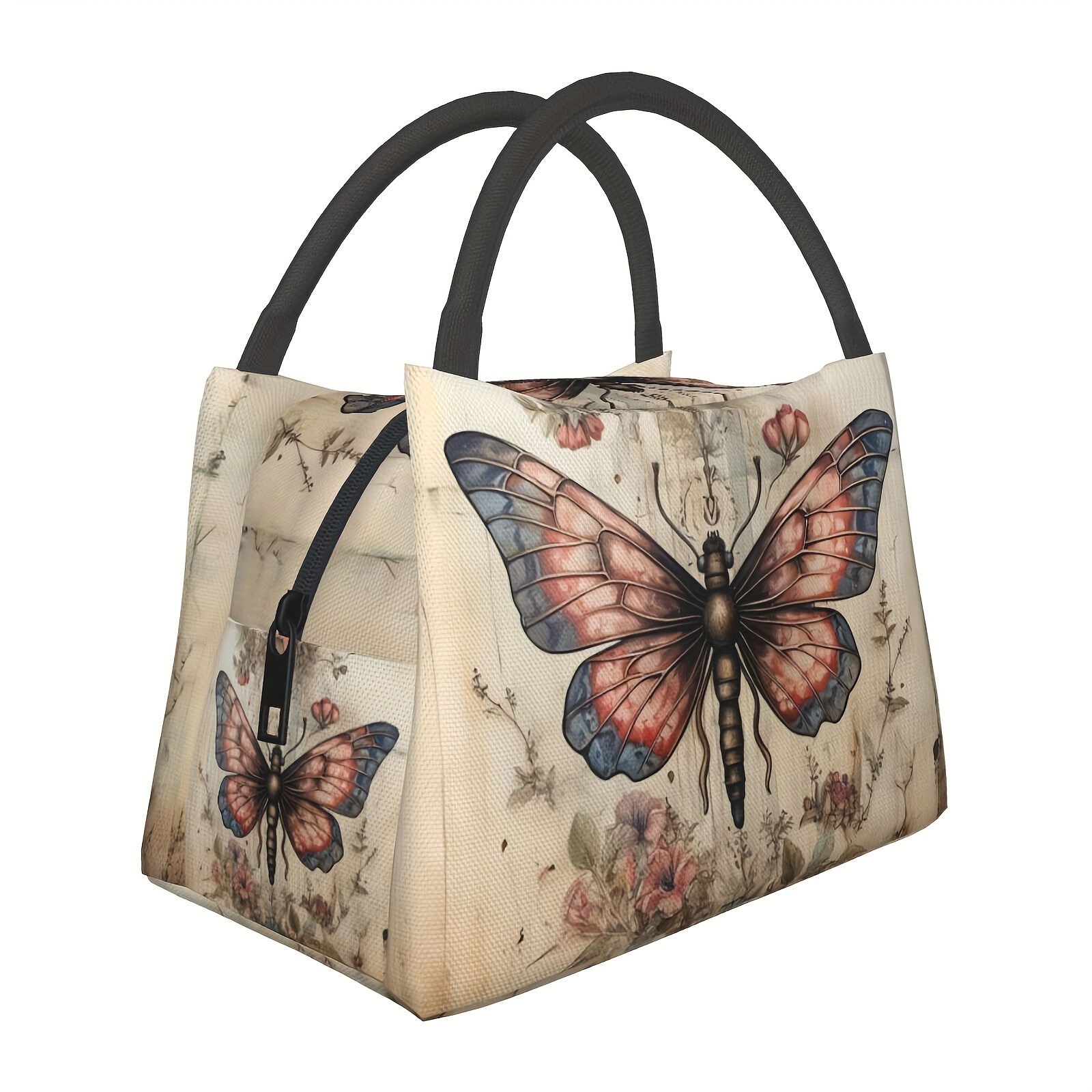 

Vintage Butterfly Pattern Insulated Lunch Bag, Universal Fit, Normal Waterproof Polyester Cooler Tote With Thermal Zip Closure, Reusable For Travel, Picnic, Office, And Work