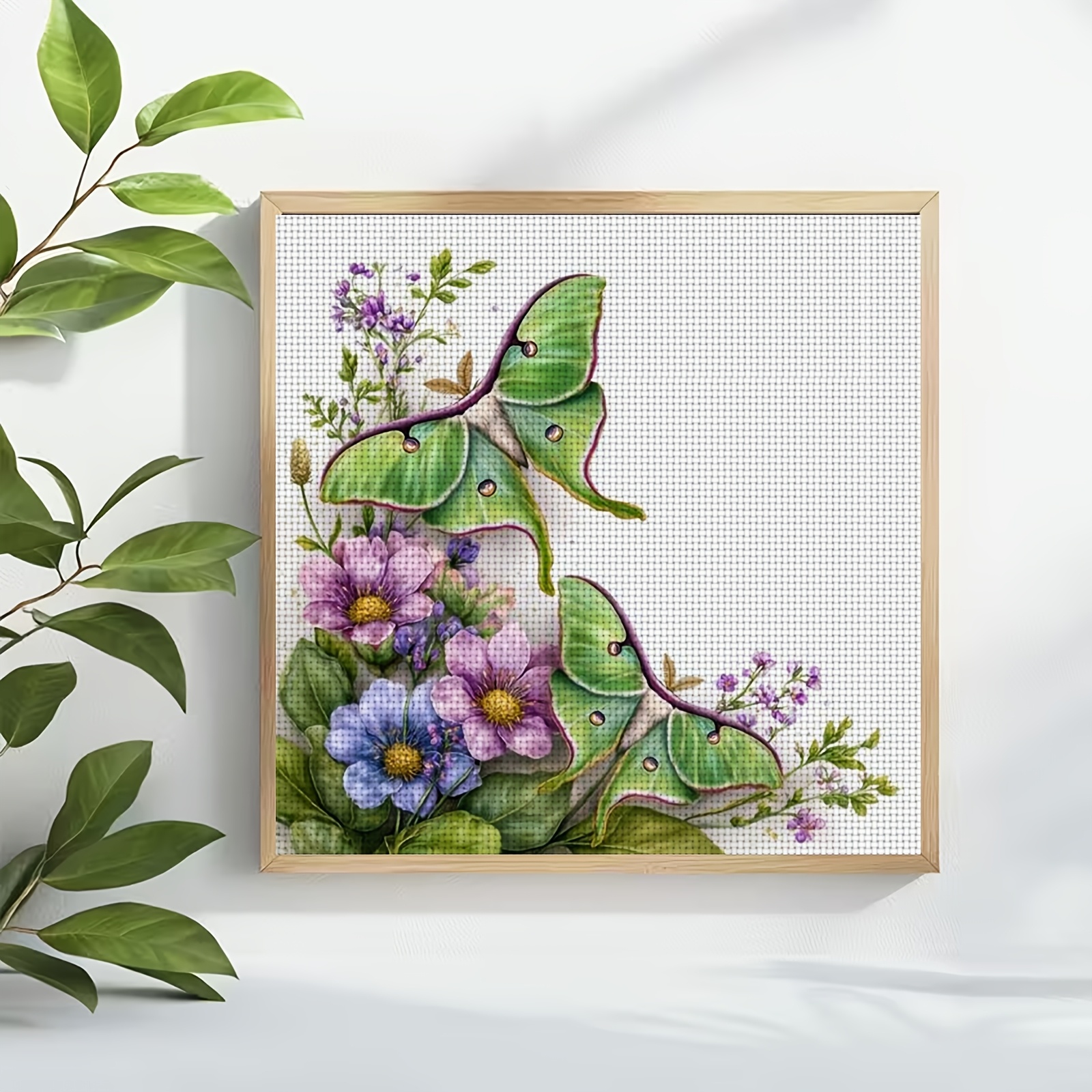 Cross-Stitch Printing Kit, Double Green Moth Flower Cluster Design
