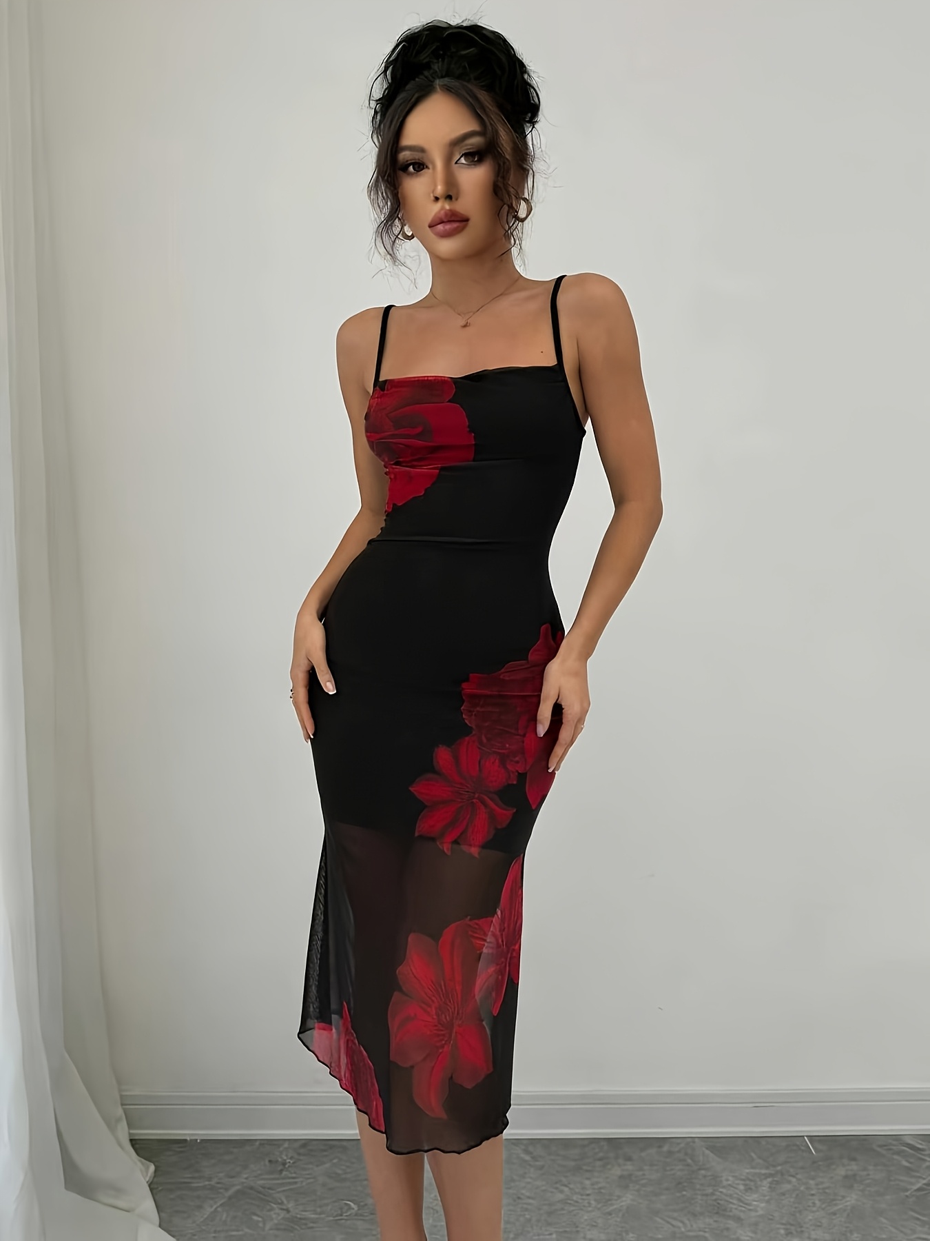 fitted lace wedding dress Victoria Solid Scarlet Red Angel Sleeve Mesh Midi Dress – Scarlett & Jo main image 0